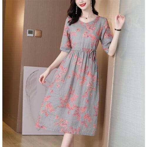 Summer Vintage Red Floral Ramie Beach Dress Cotton Linen Casual Office Lady Midi Dress 2021 Women Elegant Bodycon Party Vestidos