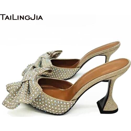 Gold Glitter Womens Pointed Toe High Heels Rhinestone Mule Pumps Ladies Elegant Bow Heels Large Size Mules 2020 Diamond Shoe