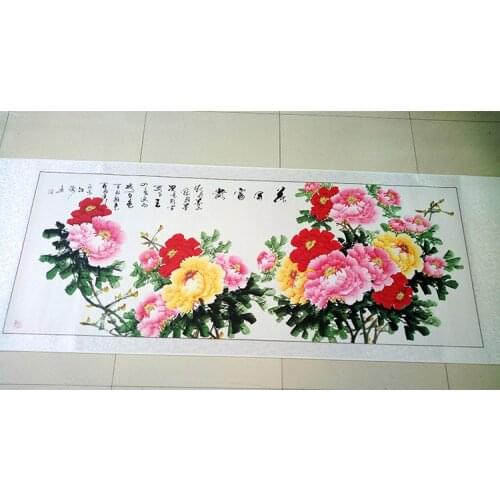 100% Hand Painted ART HOME Company hall Vestibule WALL TOP Decorative painting CHINA Rich Peony Flowers FENG SHUI painting large
