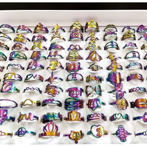 50pcs Womens TOP design Mix Trendy Rainbow Rings Stainless Steel Party Jewelry Gift New Wholesale Lot Size 16-20mm Vintage