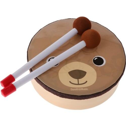 Wooden Hand Drum with Beaters, Cartoon Bear Pattern Printed for Kids Baby