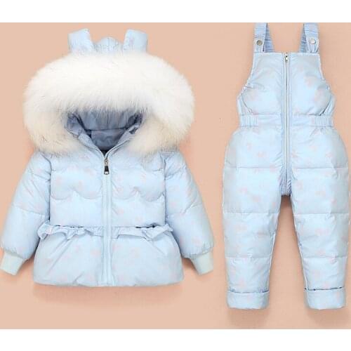 Toddler Girl Winter Snowsuit Hooded Fur Collar Jacket Coat Down Overalls Printing Clothes Infant Snow Suit Baby Snow Wear Set