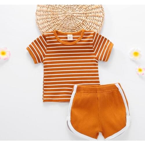 Fashion New Summer Little Girls Boys 2 PCS Outfit Suit Cotton Casual Striped Top+Shorts Elastic Band Clothing Set Infant Clothes