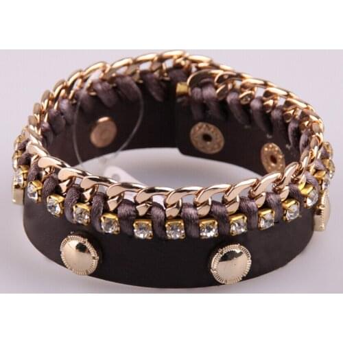 MOODPC Free Shipping Hot Sell real Leather Bracelets for Women weave with Crystal Charm Bracelet Bangle