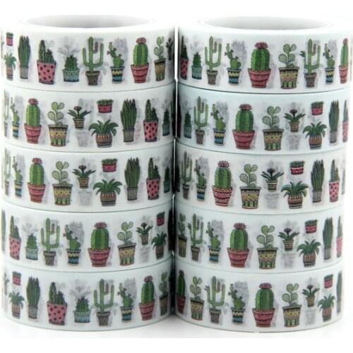 New 10pcs/set 15MM*10M Green Cactus Plants Washi Tape Sticky Kawaii Scrapbooking Tools Masking Tape Christmas Photo Album Tapes