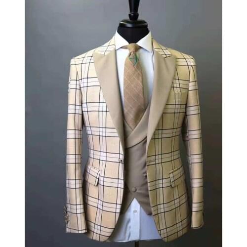 2018 New Men Suit Plaid Square Wedding Suits Slim Fit 3 Pieces Tuxedo Groom Groomsman best man Business Dress suit in stock