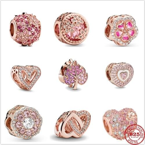 New 925 Sterling Silver Bead Charm Flower Heart Charms Fit Original Pandora Bracelet Necklace Female DIY Jewelry