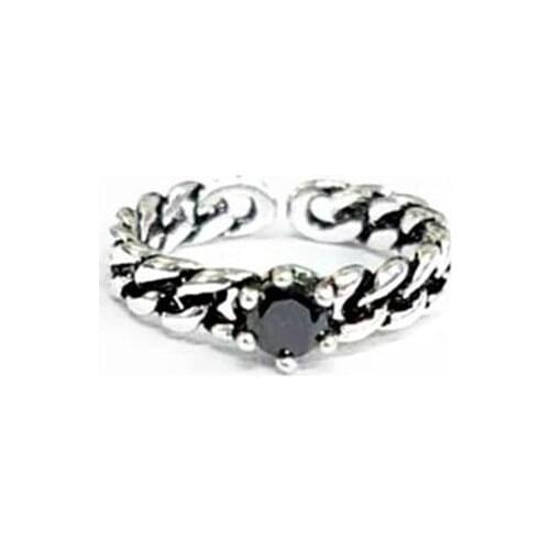 Retro Fashion Personality Thai Silver Creative Black Agate Chain Open Rings Punk Hip Hop Wide Rings Anillos Mujer Jewelry SR293