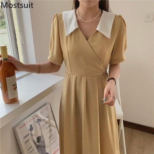 Korean Workwear Dress Women Summer Short Sleeve Turn-down Collar Lace-up Belted Dresses Color-blocked Elegant Female Vestidos