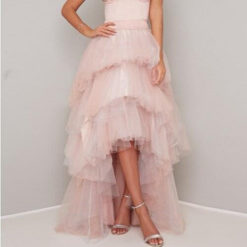 Sweet Pink Hi Low Tiered Tulle Puffy Skirts High Waist Zipper Style Asymmetrical Floor Length Formal Party Skirts Custom