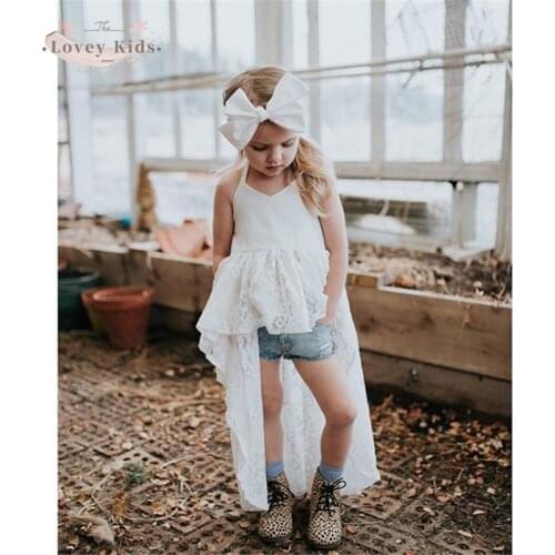 2021 Spring Girls Clothing Set Baby Lace Dress Tops Bandage Neck Backless Denim Jeans Shorts Pants 1-6T Two Piece Outfit