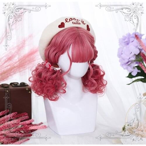 High Quality Lolita Dark Pink Golden Air Bangs Retro Mid-Length Curly Hair Wig Cosplay Party