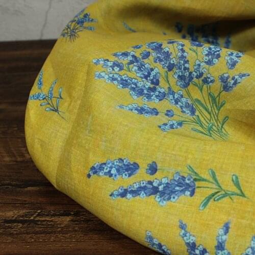 High quality pure ramie tissus New Style Lemon Yellow Orchid Printing tissu Fashion Summer clothes, Dresses and Shirts fabric