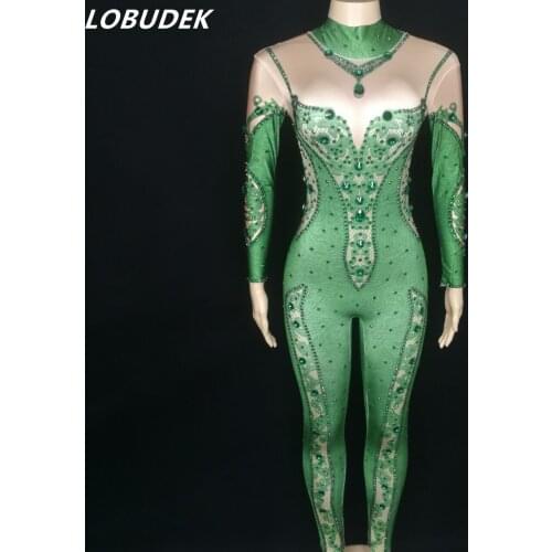 Green Stones Jumpsuit Stretch Leotard Crystals Bodysuit Women Party Sexy Stage Outfit Birthday Celebration Singer Costume