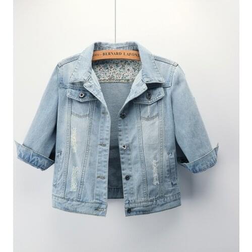3/4 Sleeve Jeans Jacket Women 2021 Ripped Denim Jacket Women Spring Autumn Jean Jacket Women Coat Veste Femme Plus Large Size