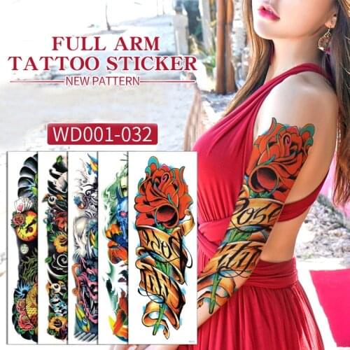 Women Full Arm Tattoo Stickers Waterproof Flower Fish Bird Arm Sleeve Men Skull Dragon Fake Tattoo Temporary Tattoos 42x15cm
