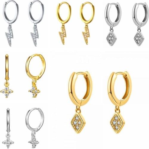 2021 925 Silver Ear Buckle Hanging Hoop Earrings For Women Lightning Cross Crystal Small Hoop Earring Charm Pendant Jewelry A30