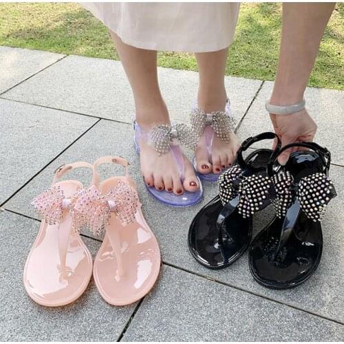 Womens Flat Slippers Clip Toes Bowtie Beach Summer Shoes Female Buckle Strap Jelly Shoe Flip Flops Casual Fashion Ladies 2021