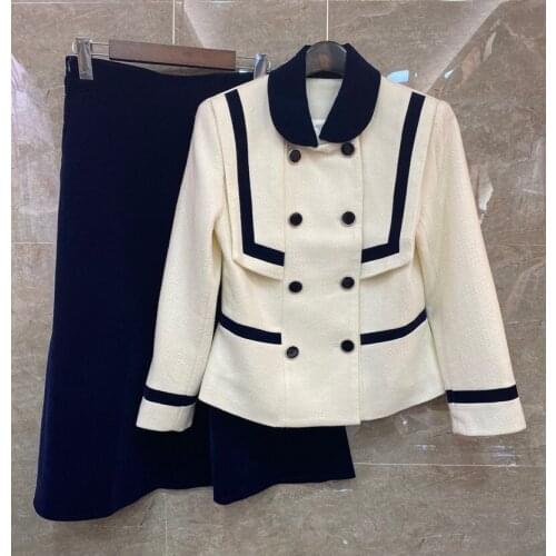 High Quality Tweed Wool Sets 2021 Autumn Winter Long Skirt Suits Women Wool Blend Coats+Velvet Long Maxi Skirt Sets Female