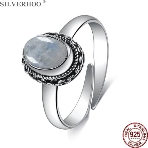 SILVERHOO Punk Vintage Rings For Women Sterling Silver 925 Jewelry Oval Natural Moonstone Adjustable Ring Wholesale Party Gift