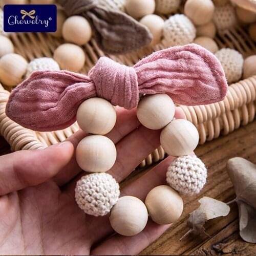 1PC Wooden Teether Bunny Ear Wooden Rings Baby Bracelet Bib Soft Pure Cotton Blend Gauze Bibs Burp Towel For Kids DIY Products