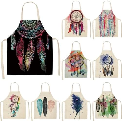 1Pcs Feather Pattern Kitchen Aprons Dinner Party BBQ Cooking Waist Bib Cotton Linen Funny Pinafore Cleaning Tools 53*65cm A1046