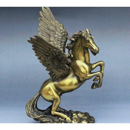 10" Folk Old China Royal Bronze Auspicious Wealth Fly Wings Horse Unicorn Statue