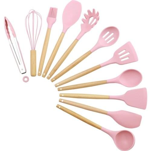 11PCS New Wooden Handle Pink Kitchenware 11 Sets of Wooden Handle Non-stick Pot Cooking Shovel Kitchen Gadgets Cooking Tools