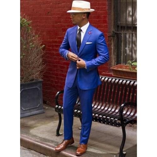 2020 Tailored Royal Blue Suit Men Groom Tuxedo Slim Fit 2 Piece One Button Breasted Blazer Prom Wedding Suits(Jacket+Pant)