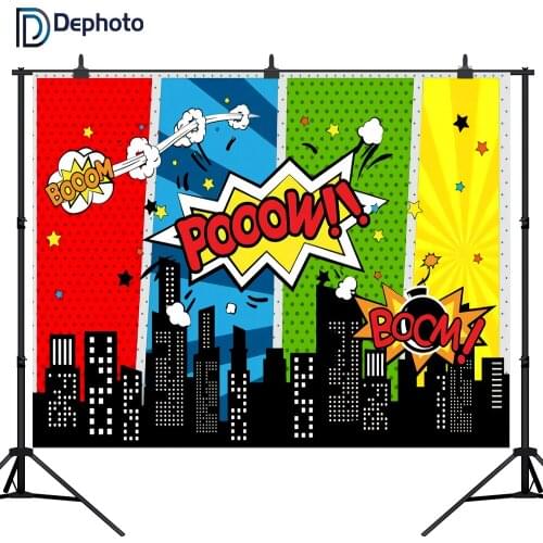 DePhoto Superhero Birthday Party City Cartoon Photographic Backgrounds Baby shower Photography Backdrops Photocall Photo Studio