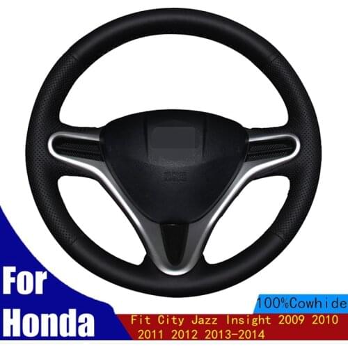 DIY Car Steering Wheel Cover Soft Black Genuine Leather For Honda Fit City Jazz Insight 2009 2010 2011 2012 2013-2014