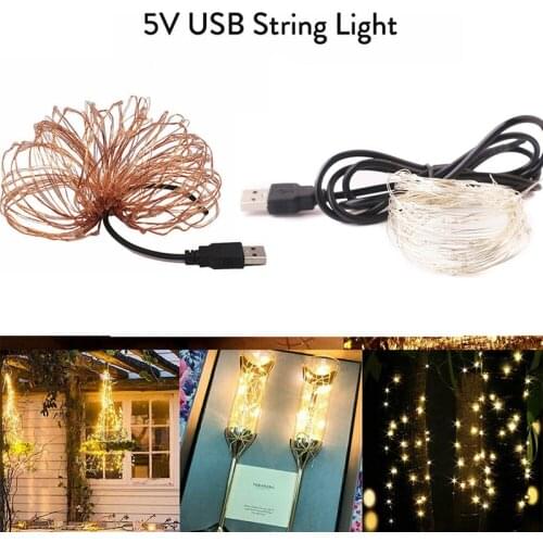 USB LED String Lights Powered by Battery 5/10MCopper Silver Wire Garland Waterproof Fairy Light Christmas Wedding Party Decor