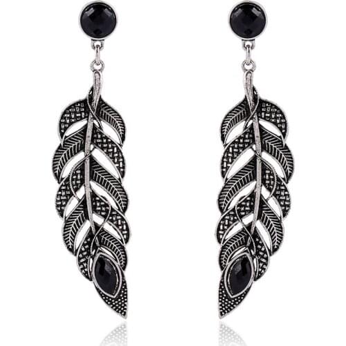 Hot Sale Bohemian Vintage Silver Plated Leaf Feather Big Drop Earrings Women New Fashion Long Statement Earring Maxi Brincos