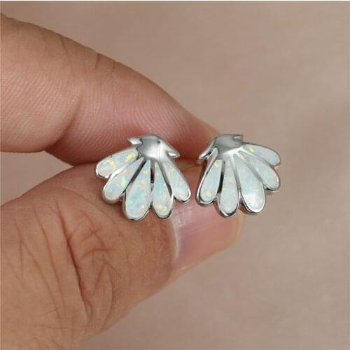 Cute Female White Opal Stone Earrings Charm Silver Color Small Stud Earrings Dainty Beach Shells Wedding Earrings For Women
