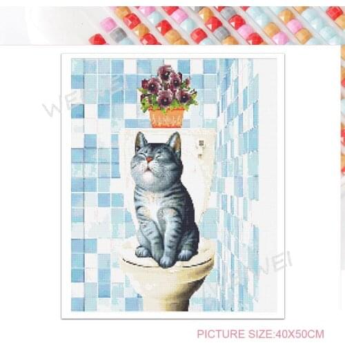 Full Drill 5D Diy Diamond Painting Cat On The Bathroom Toilet Diamond Embroidery Set Cross Stitch Mosaic Gift Home Decor