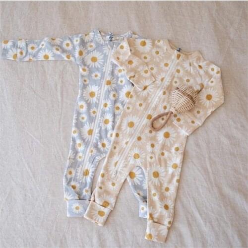 Newborn Baby Autumn Winter Clothes Baby Boys Girls Floral/Sun Print Long Sleeve Zip Romper Jumpsuits Pajamas Overalls Costumes