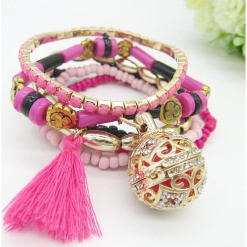 New Boho Style Multi Stands Mixed Beads with Tessel Drop and Rhinestone Locket Box DIY Lady`s Perfume Diffuser Bracelet