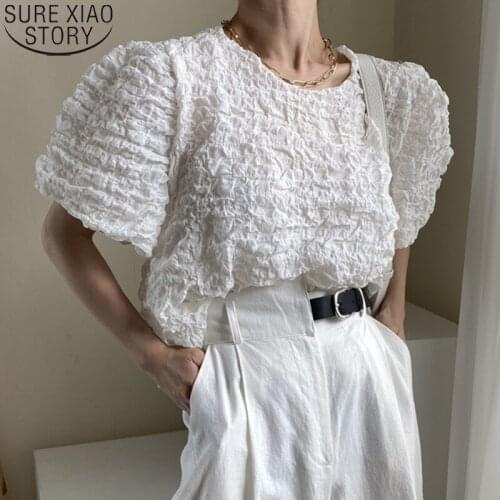 Solid Puff Sleeve Shirt Chic 2021 Summer Vintage Blouse Korean Streetwear Temperament O-neck Tops Pleated Loose Blusas 14700