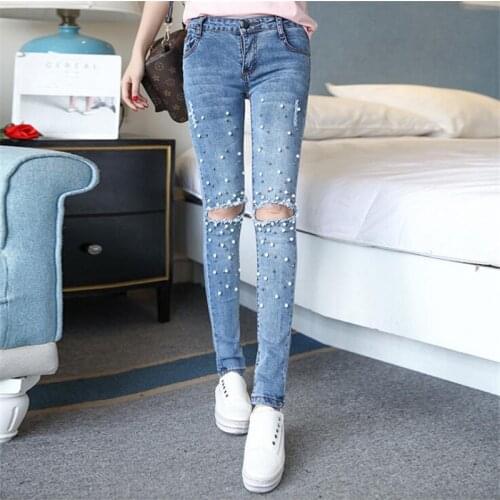 Knee Hole Ripped Jeans Women Stretch Denim Pencil Pants Casual Slim Fit Rivet Pearl Jeans Autumn Long Trousers Low Waist Cowboy