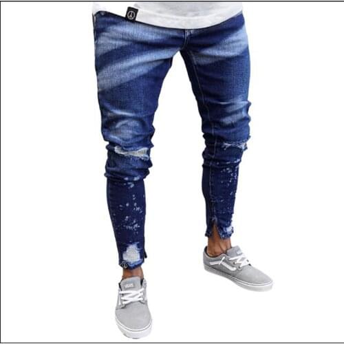Painted Print Ripped Jeans Men Fashion Slim Fit Mid Waist Distressed Jeans Man Causal Skinny Denim Pencil Pants Pantalon Hombre