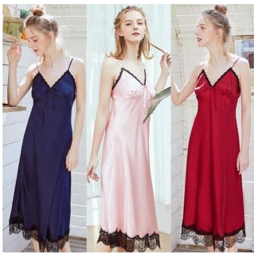 Sexy Silk Satin Long Night Dress Summer New Sexy Nighty Nightwear Female V-Neck Nightshirt Nightdress Chemise