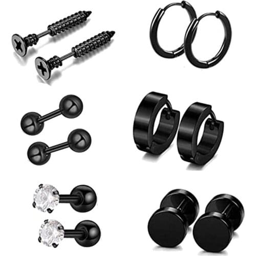 1 Set 6 Pair Different Types Shape Unisex Black Color Stainless Steel Piercing Earring For Women Men Punk Gothic Barbell Earring