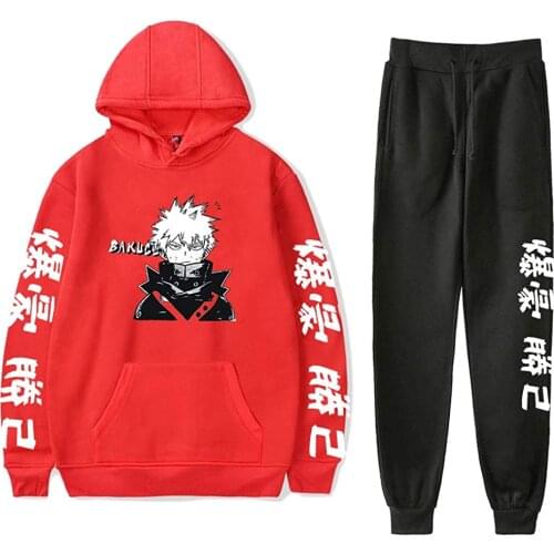 Classic Anime My Hero Academia Sweatshirts Two Piece Sets Bakugou Printed Hoodies+Jogger Pants Streetwear men/womens Tracksuit