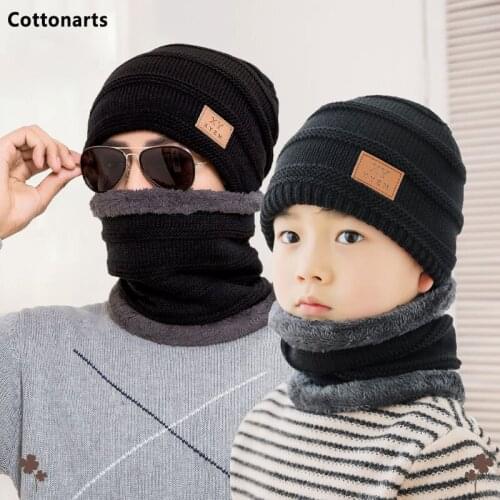 2-pcs Parent-child Warm Hedging Cap with Neckerchief Thicken Plus Velvet Fashion Trend Ear Protection Beanie Hat Winter Knit Hat