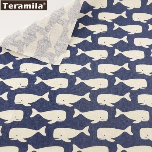 TERAMILA Dark Blue Cotton Linen Fabric For Table Cloth Pillow Bag Curtain Cushion Zakka Whale Design Decoration