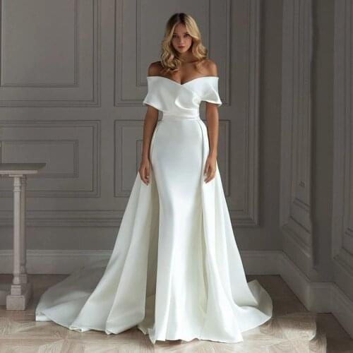 Tinyfull Simple Silk Satin Mermaid Long Wedding Dress With Detachable Train Off Shoulder Long Bridal Marriage Party Gowns