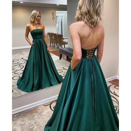 A-Line Satin Green Long Strapless Prom Dresses with Pockets Criss Cross Back Floor Length Robe De Soiree Red Formal Party Gown