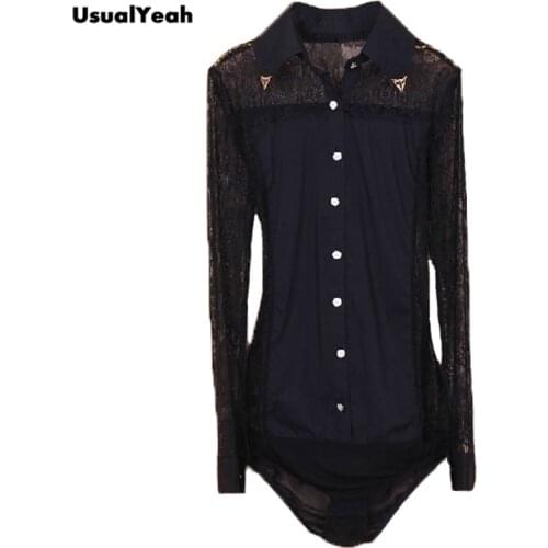UsualYeah Women Fashion Sexy Lace Long sleeve OL women work wear Body Shirts Blouse blusas black white S-M-L-XL SY0101