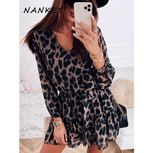 NANKEY 2021 Spring Leopard Series Casual Chiffon Dress Wrist Sleeve V Neck Women Party Mini Dress Elegant Summer Beach Vestidos