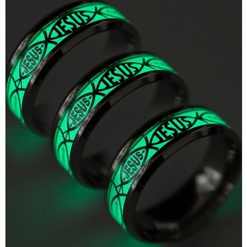 YWSHK Luminous Glowing in Dark Gold Jesus Inlaid Green Background Fashion Mens Womens Fluorescent Rings Christian Easter Gifts